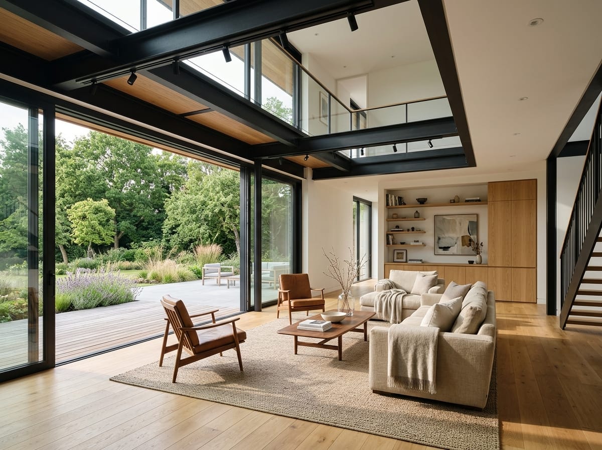 Interior com pé-direito duplo em Steel Frame